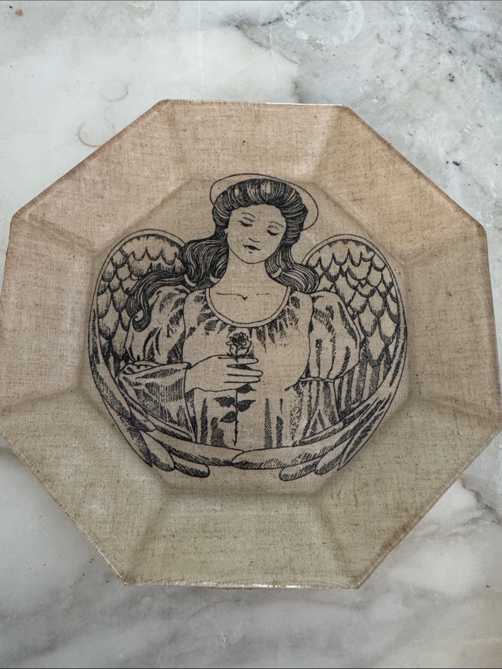 Octagonal Fabric Decoupage Angel Decorative Plate in Beige and Black 7 1/4 in